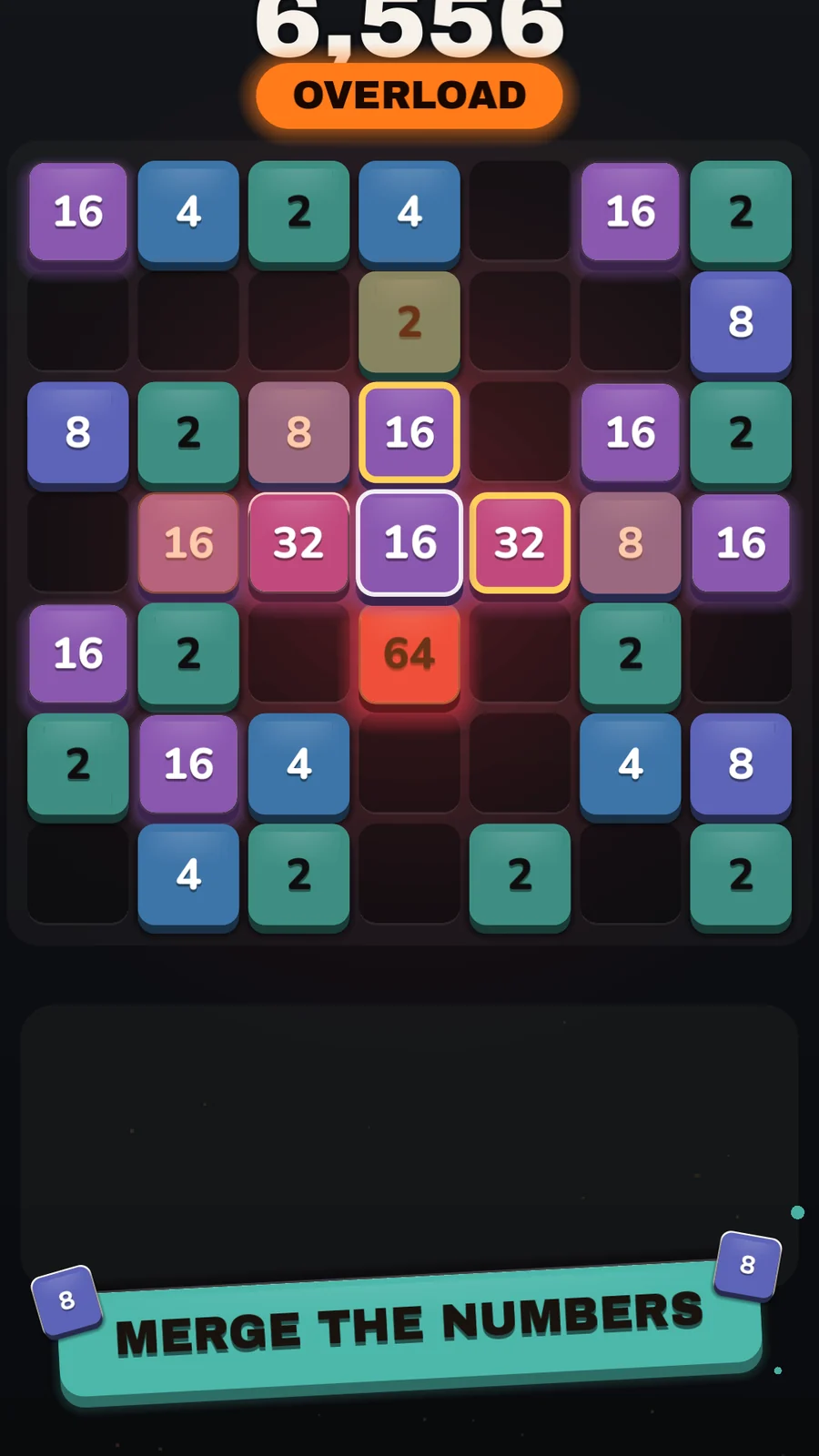 The Blockwave board mid-run, with a ring highlighting the square where the next merge will land