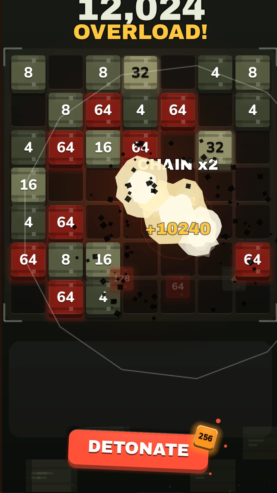 An overloaded tile detonating with a chain multiplier and a large score bonus