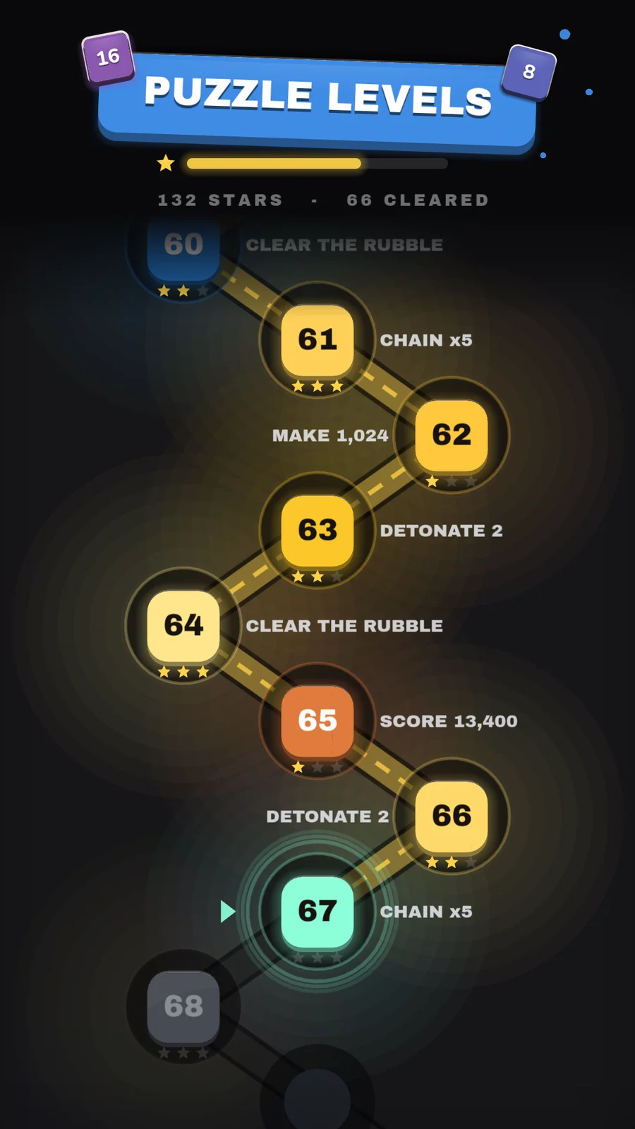 The puzzle levels map, a winding route of numbered levels with star ratings and goals like chain, make 1,024 and detonate