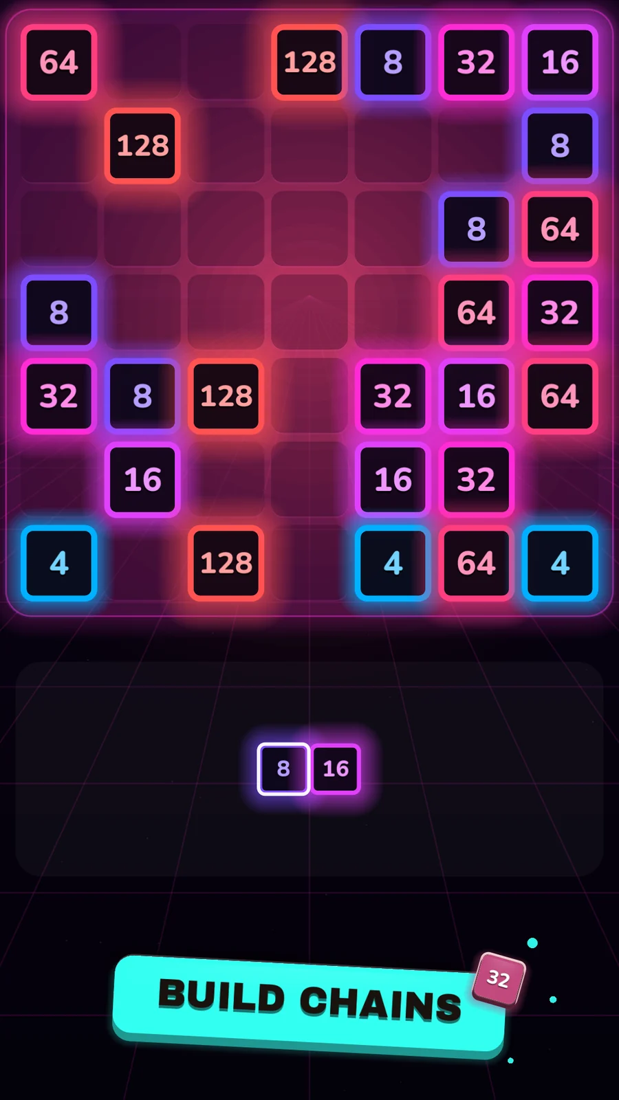 A neon world board with a two-block piece waiting in the tray, ready to trigger a chain