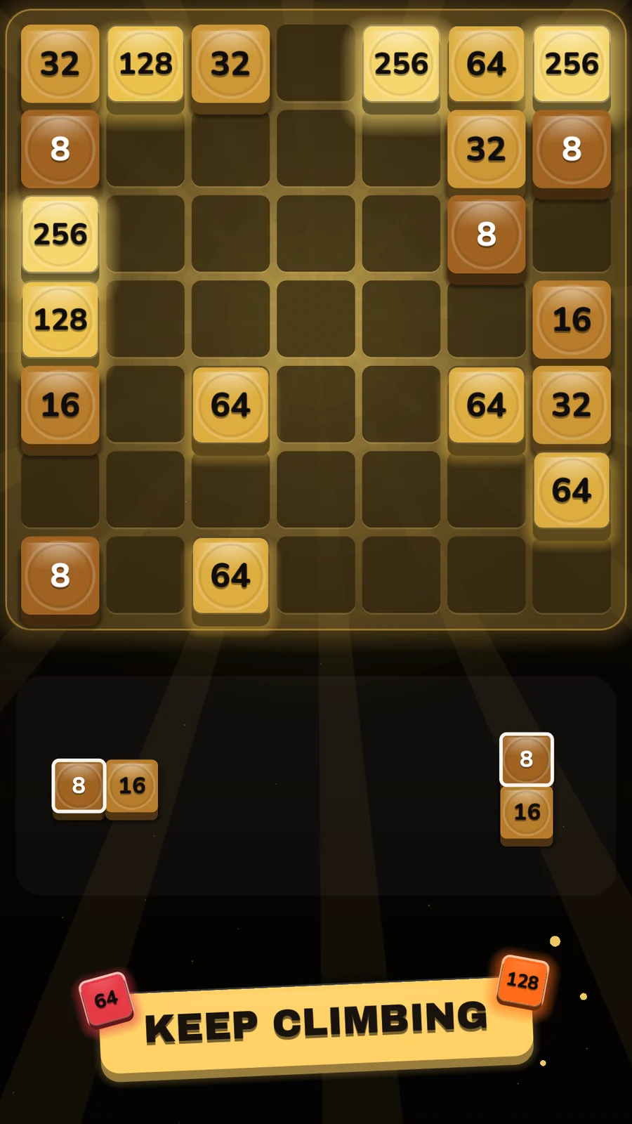 A gold world board with two pieces waiting in the tray