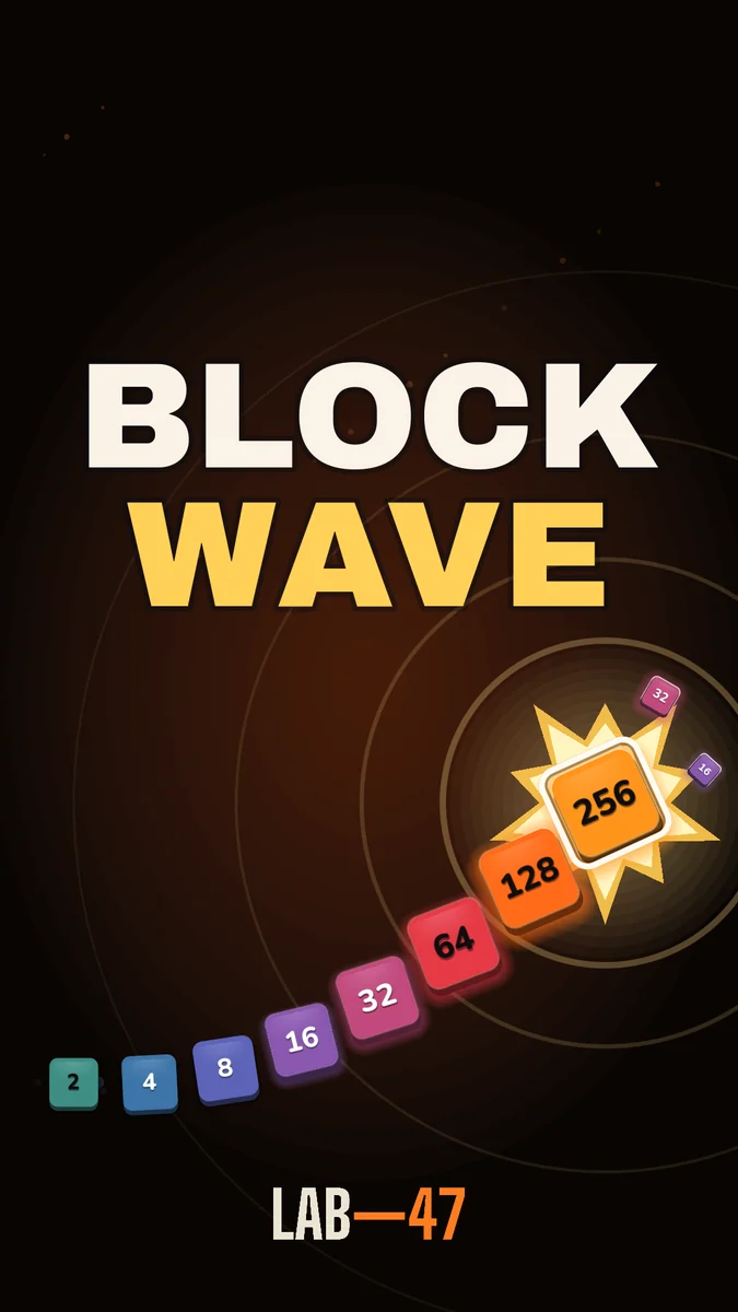Blockwave key art: a chain of number blocks climbing from 2 to 256, the last one detonating inside the ring