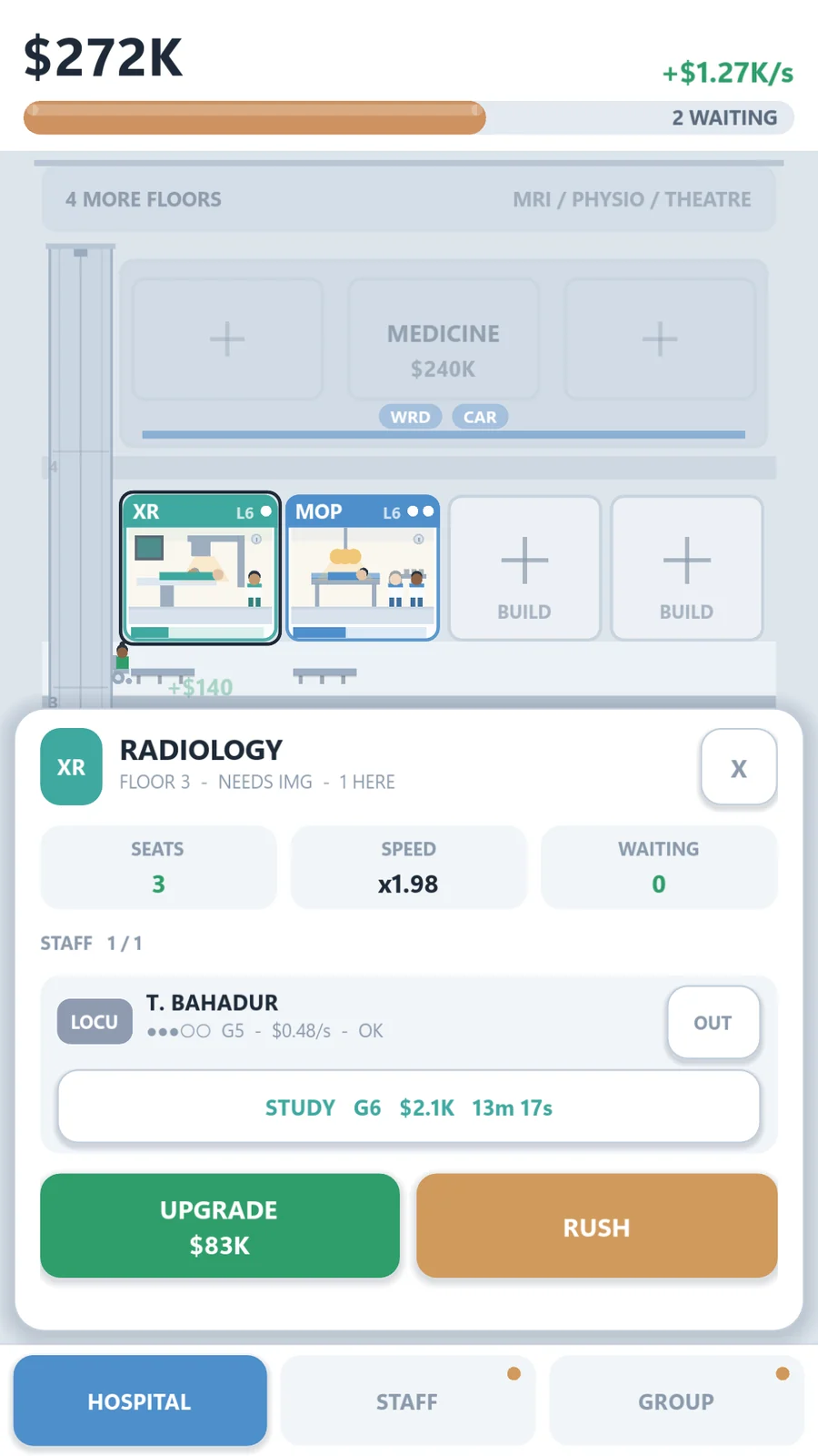 The radiology room panel showing seats, speed, waiting patients and upgrade cost