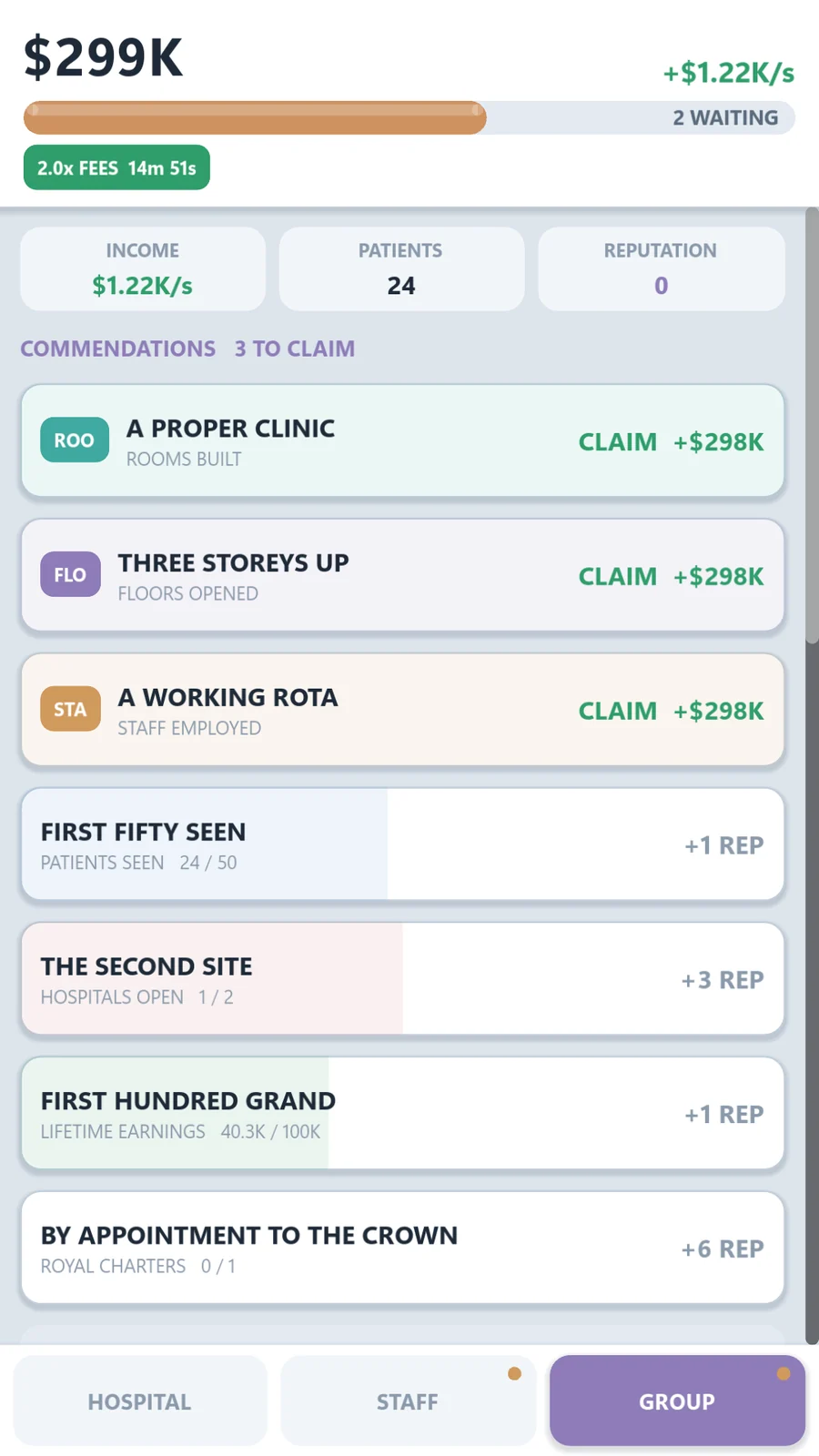The commendations screen listing claimable awards for rooms built, floors opened and staff employed