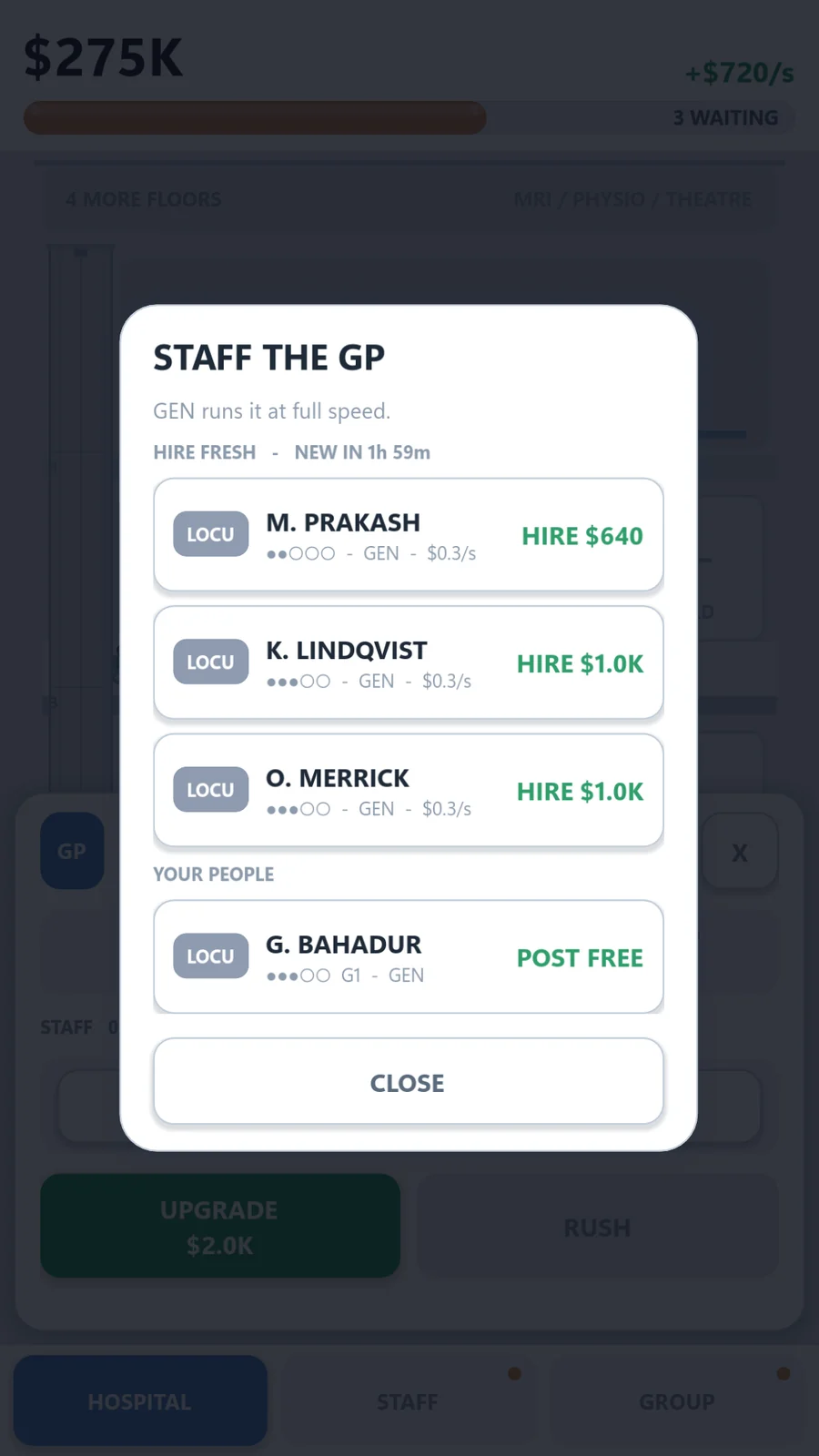 The staffing screen showing a shortlist of locums available to hire for the general practice room