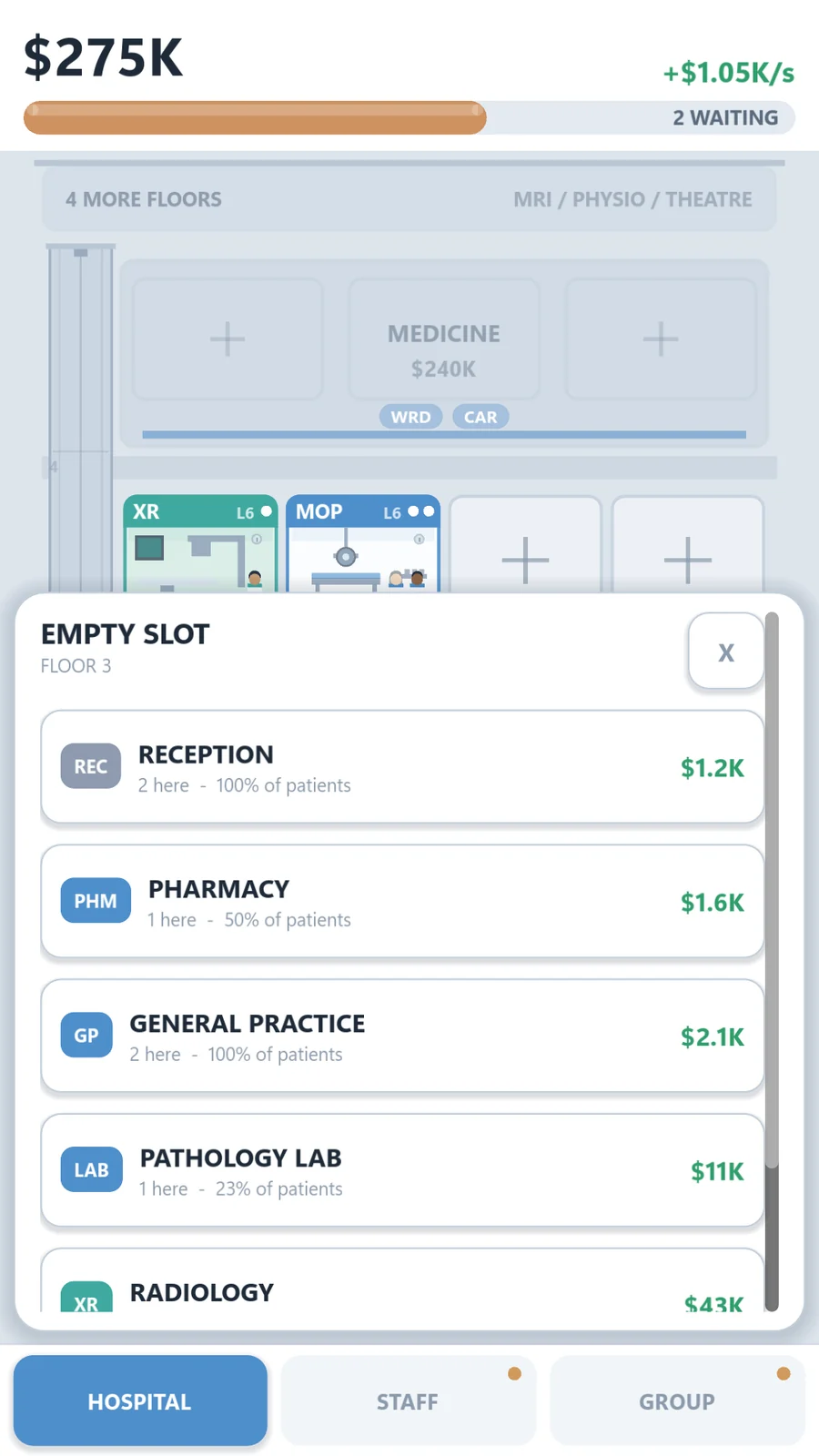 The build menu listing reception, pharmacy, general practice, pathology lab and radiology with their costs